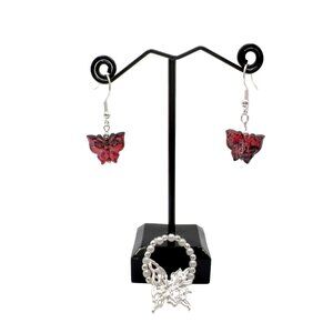 Silver Tone Butterfly Earring & Elastic Ring Set